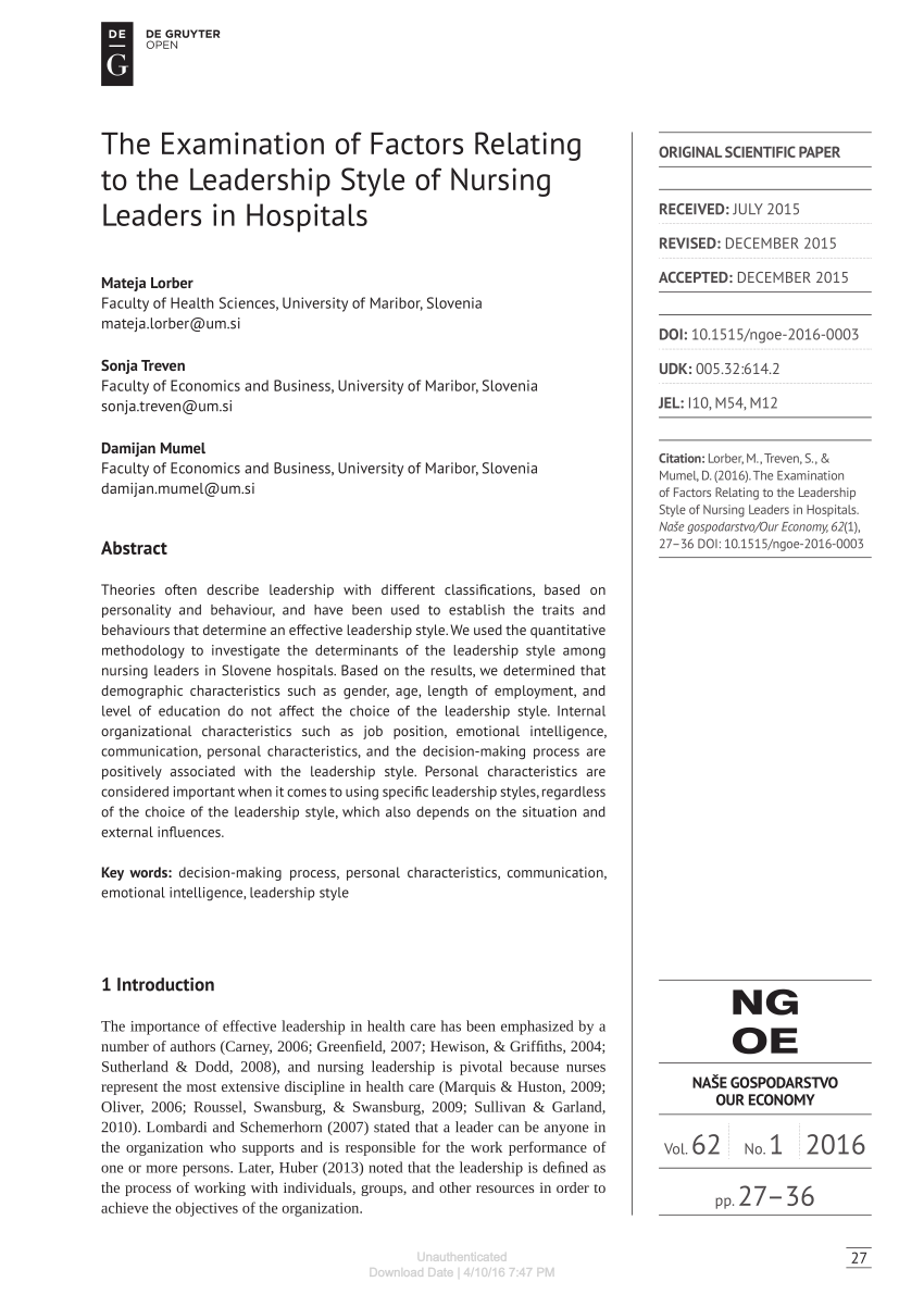 Leadership styles in nursing management implications for